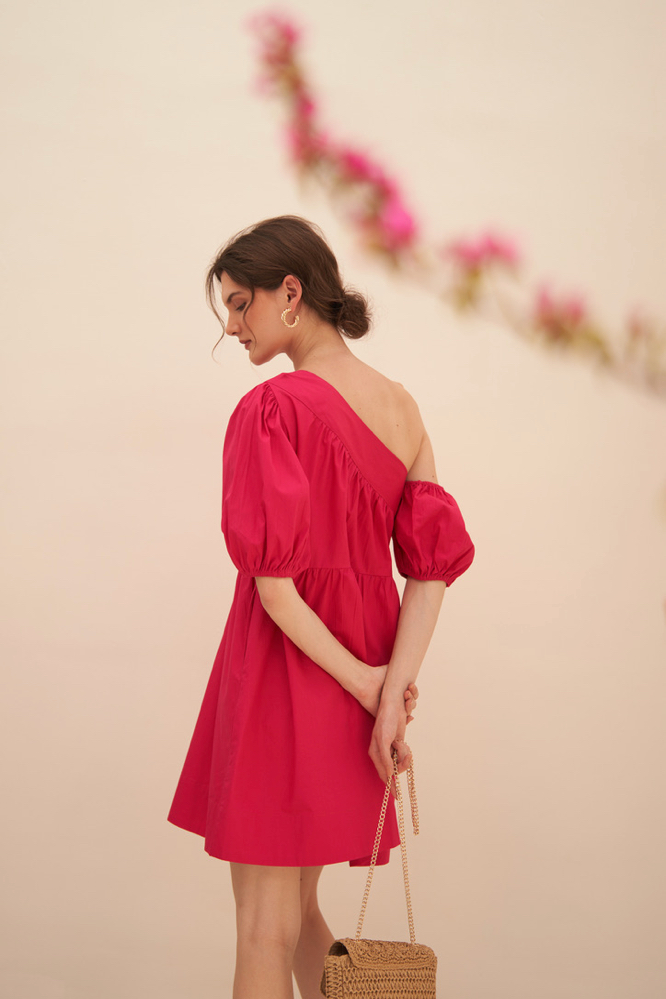 MALIBU SOLID FUCHSIA PINK COLOR COTTON POPLIN ONE SIDED SHOULDER KNEE LENGTH SUMMER DRESS