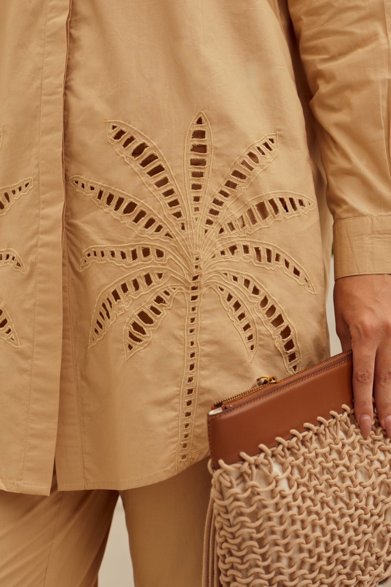 MALIBU-02 TAN COLOR COTTON SHIRT TUNIC AND PANTS CO-ORD SET WITH CUTWORK EMBROIDERY