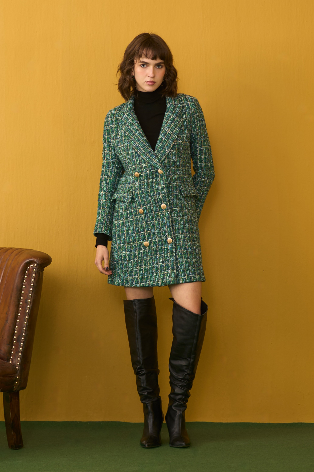 SYLVIE GREEN TWEED DOUBLE BREASTED JACKET DRESS