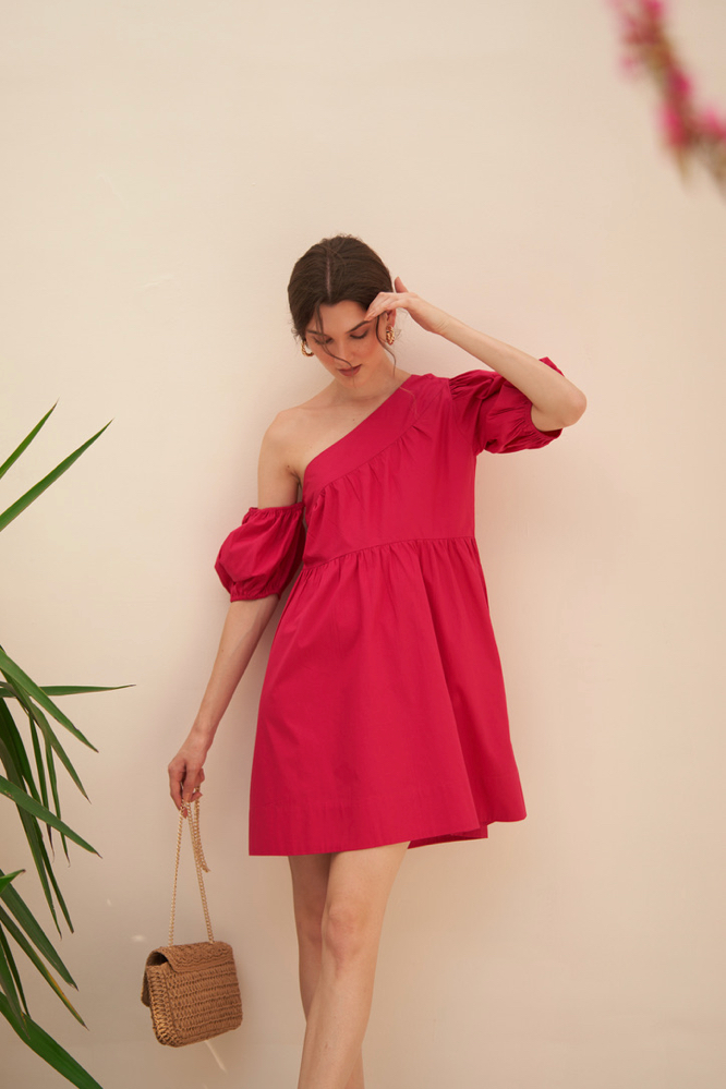 MALIBU SOLID FUCHSIA PINK COLOR COTTON POPLIN ONE SIDED SHOULDER KNEE LENGTH SUMMER DRESS