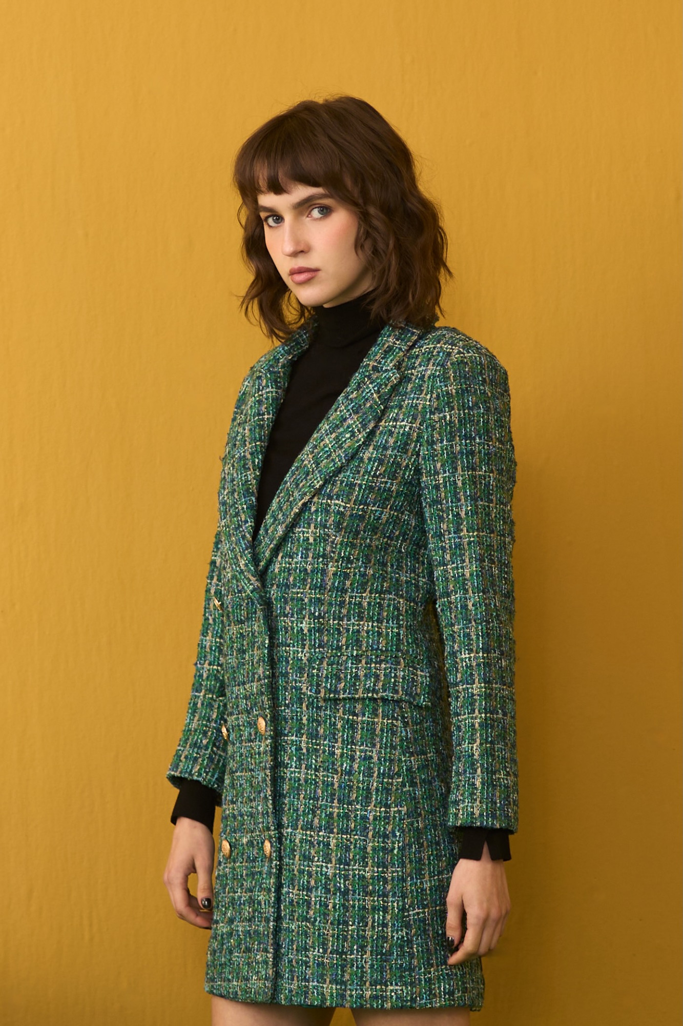 SYLVIE GREEN TWEED DOUBLE BREASTED JACKET DRESS