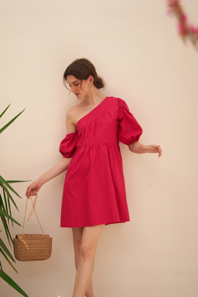 MALIBU SOLID FUCHSIA PINK COLOR COTTON POPLIN ONE SIDED SHOULDER KNEE LENGTH SUMMER DRESS