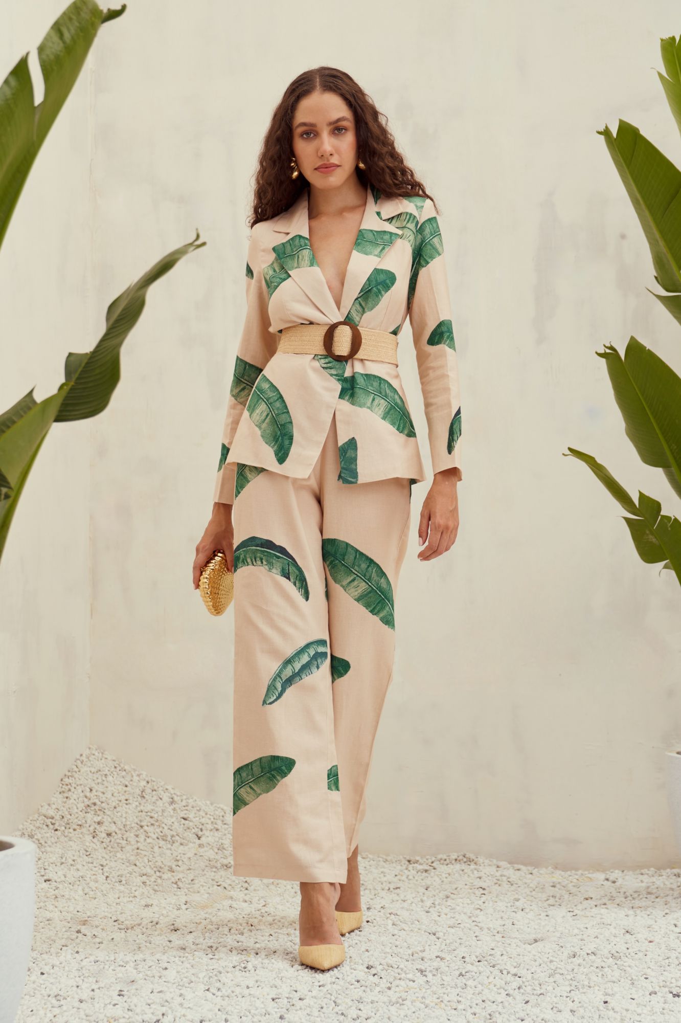 MALIBU-02 ECRU COLOR COTTON LINEN BANANA LEAF PRINT JACKET AND PANT CO-ORD SET