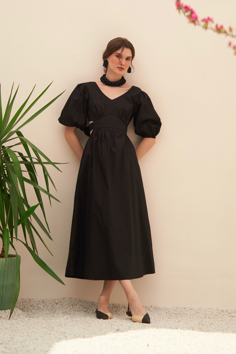 MALIBU COTTON POPLIN BLACK COLOR MIDI LENGTH SUMMER DRESS WITH ELBOW LENGTH SLEEVES BACK WAIST CUT