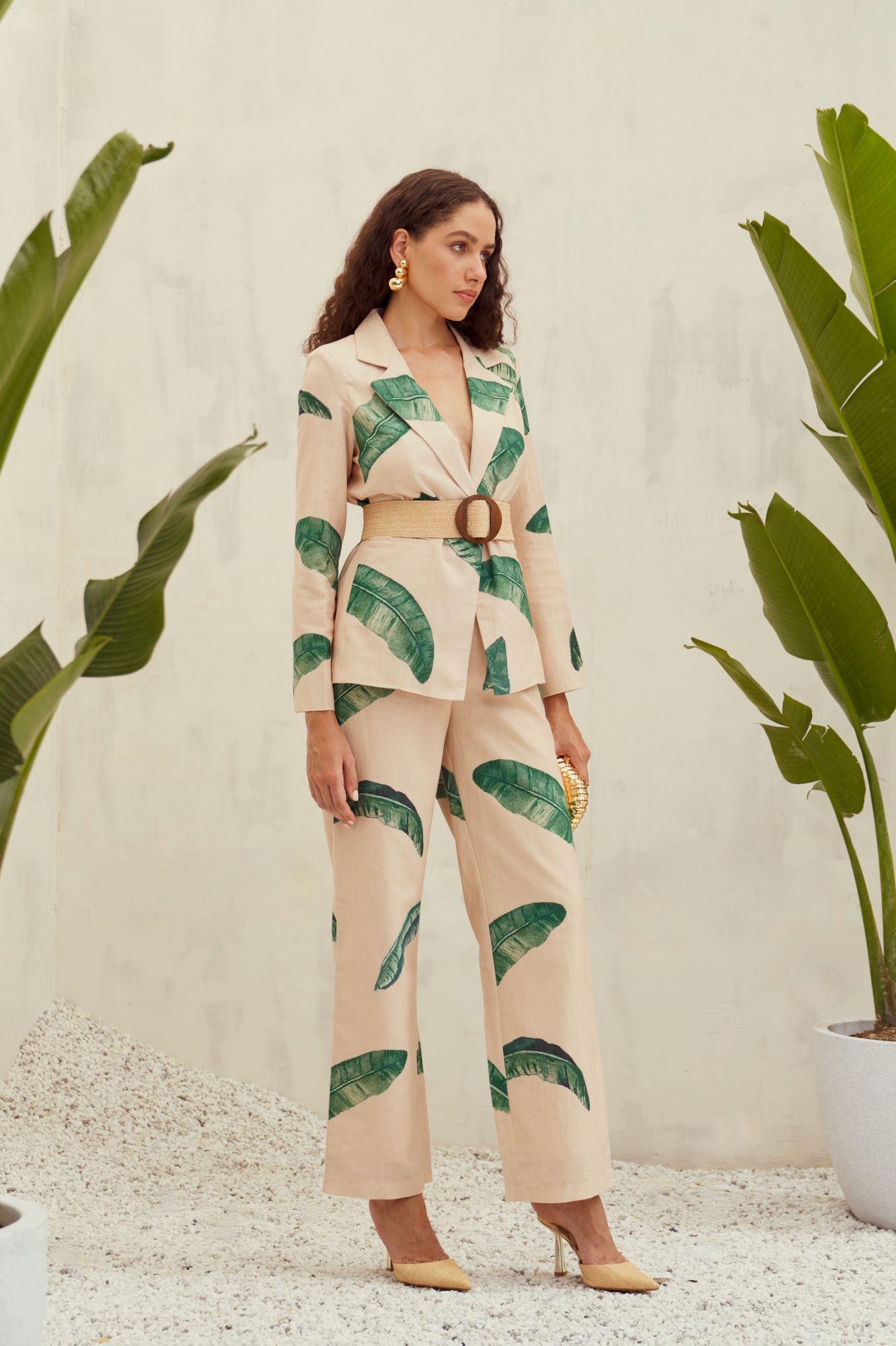 MALIBU-02 ECRU COLOR COTTON LINEN BANANA LEAF PRINT JACKET AND PANT CO-ORD SET