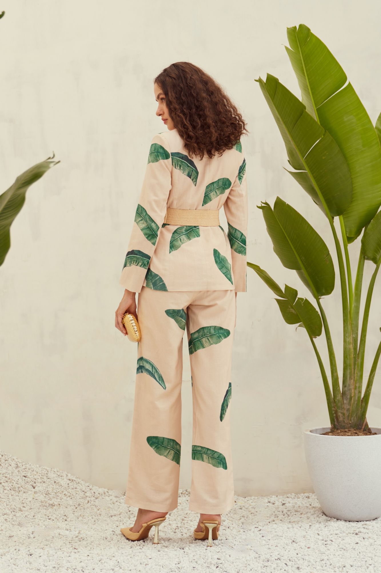 MALIBU-02 ECRU COLOR COTTON LINEN BANANA LEAF PRINT JACKET AND PANT CO-ORD SET