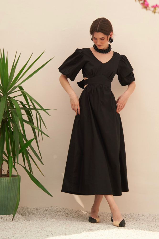 MALIBU COTTON POPLIN BLACK COLOR MIDI LENGTH SUMMER DRESS WITH ELBOW LENGTH SLEEVES BACK WAIST CUT