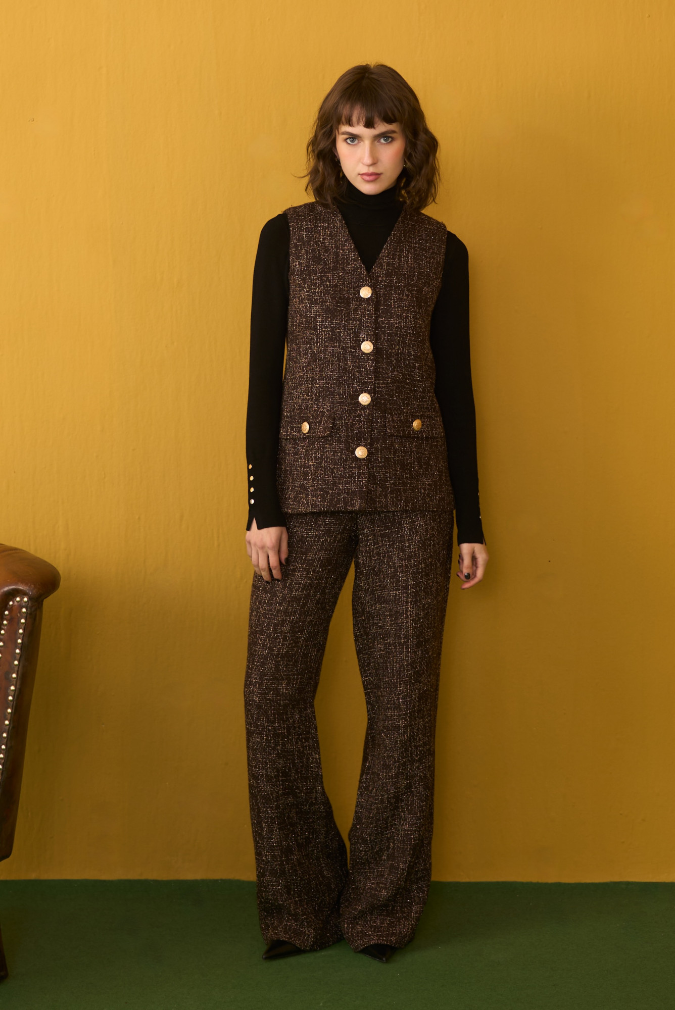 SYLVIE COCOA BROWN TWEED SLEEVELESS JACKET AND PANTS CO-ORD SET