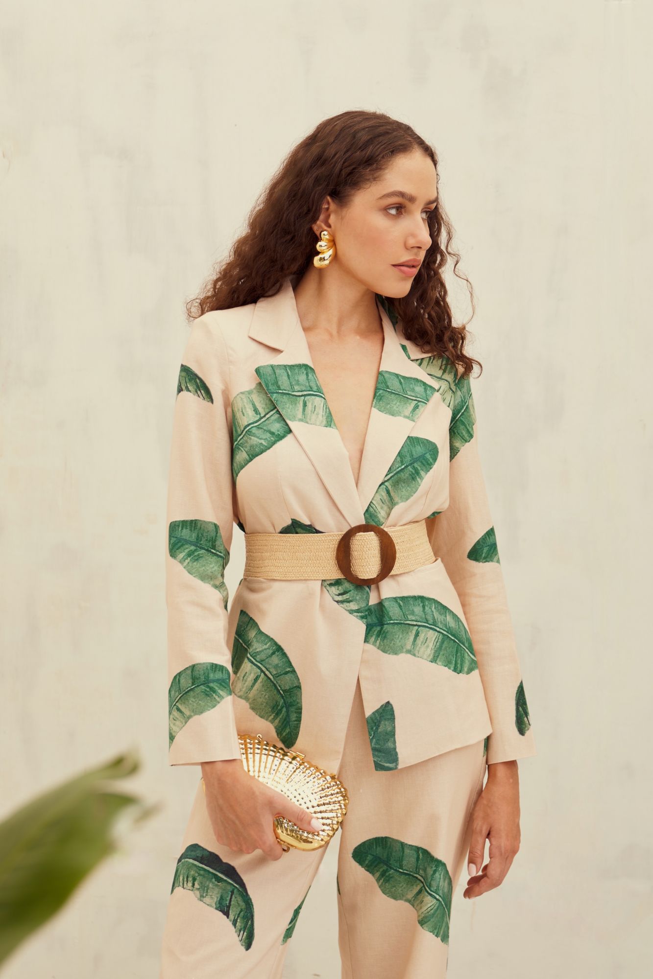 MALIBU-02 ECRU COLOR COTTON LINEN BANANA LEAF PRINT JACKET AND PANT CO-ORD SET