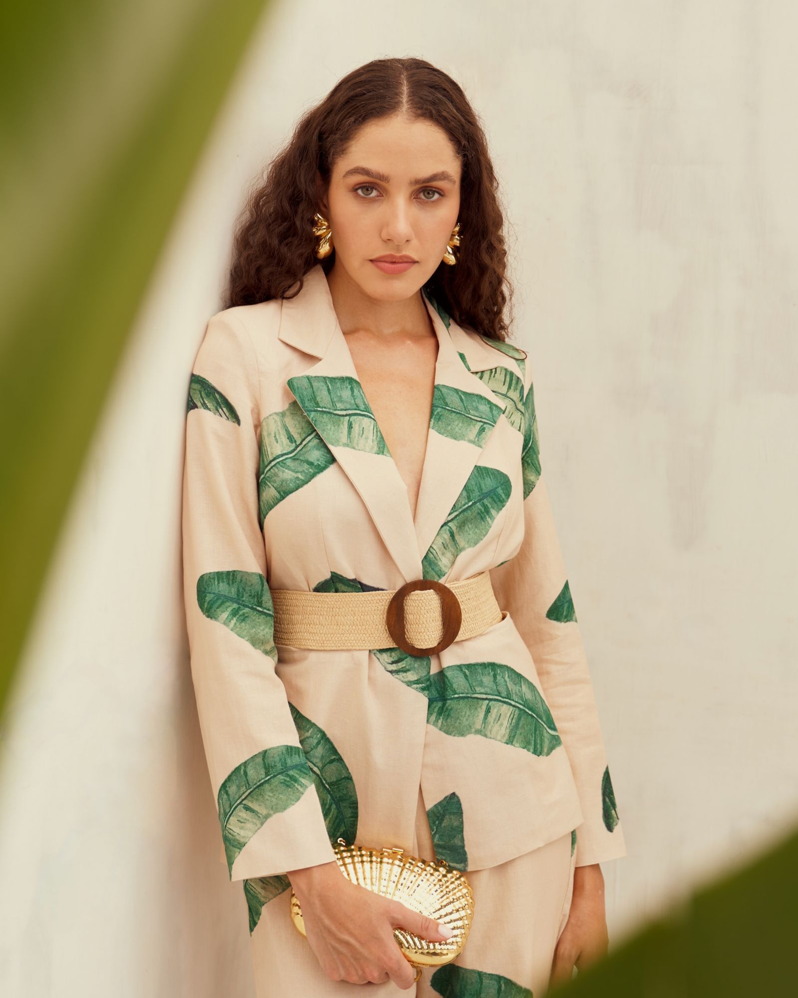 MALIBU-02 ECRU COLOR COTTON LINEN BANANA LEAF PRINT JACKET AND PANT CO-ORD SET