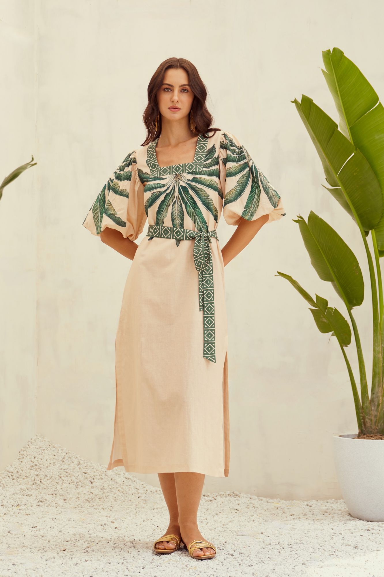 MALIBU-02 ECRU COLOR COTTON LINEN FABRIC PLACEMENT PRINT MIDI LENGTH SLIT DRESS WITH SASH