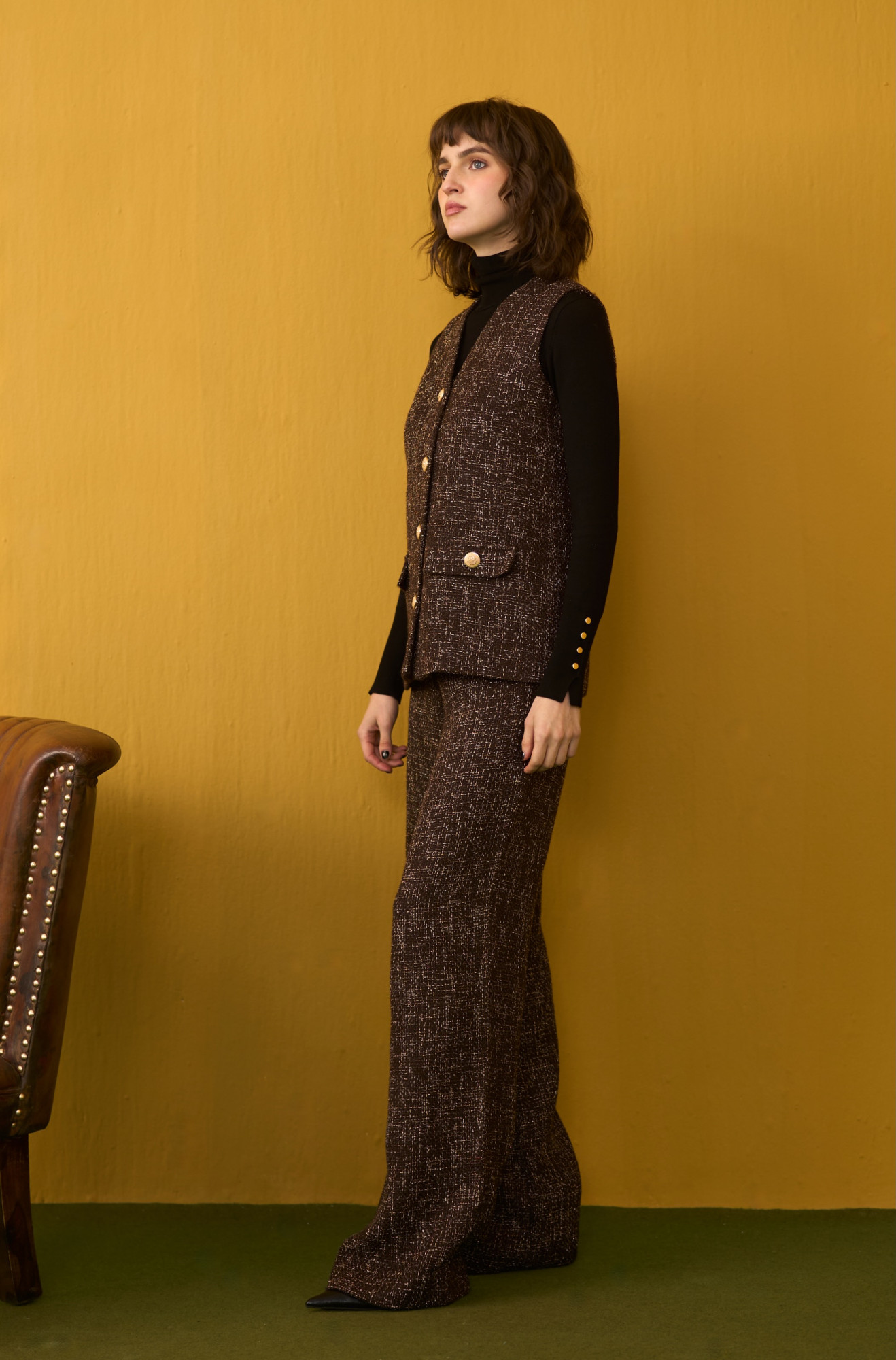 SYLVIE COCOA BROWN TWEED SLEEVELESS JACKET AND PANTS CO-ORD SET