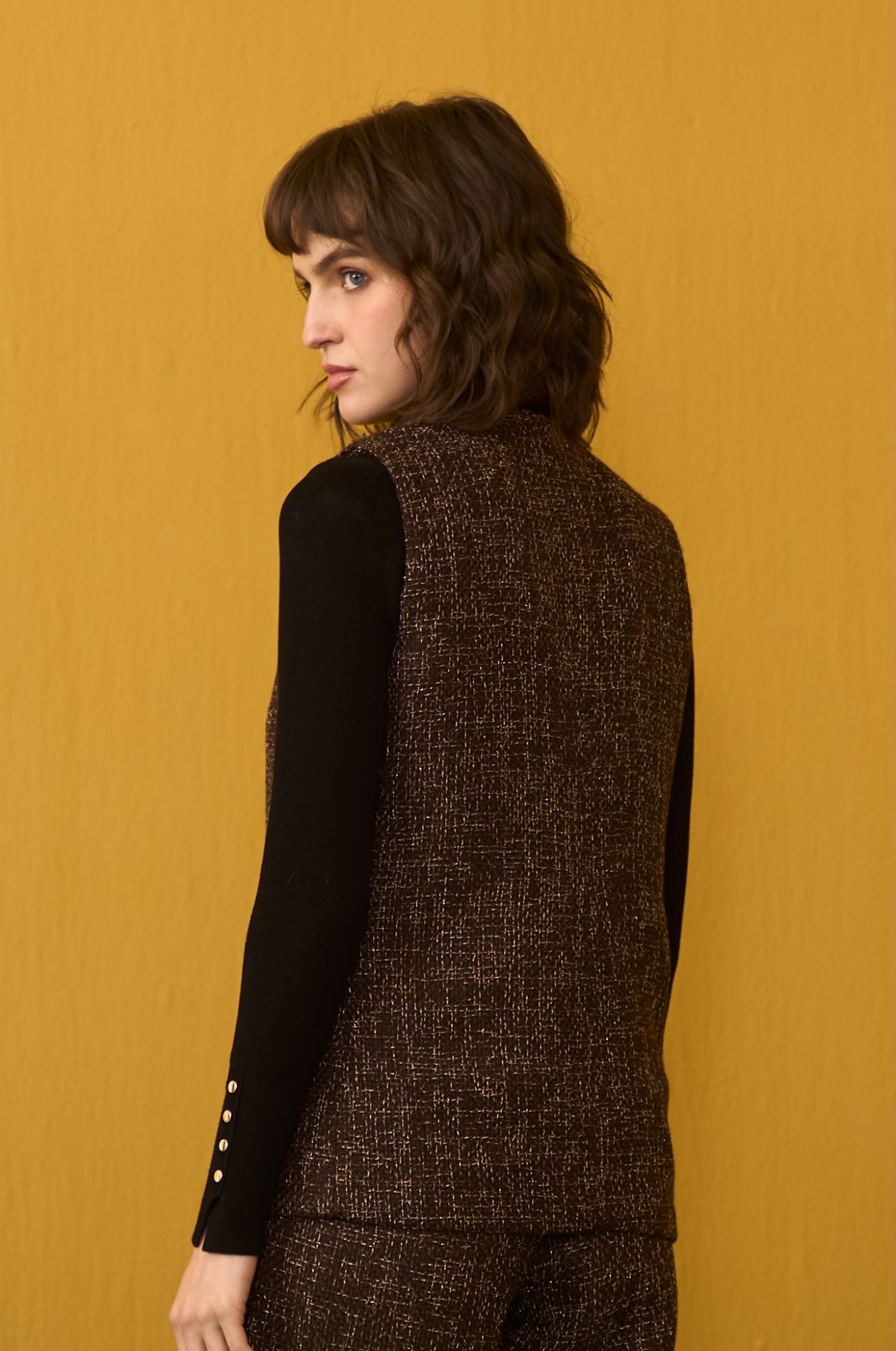 SYLVIE COCOA BROWN TWEED SLEEVELESS JACKET AND PANTS CO-ORD SET