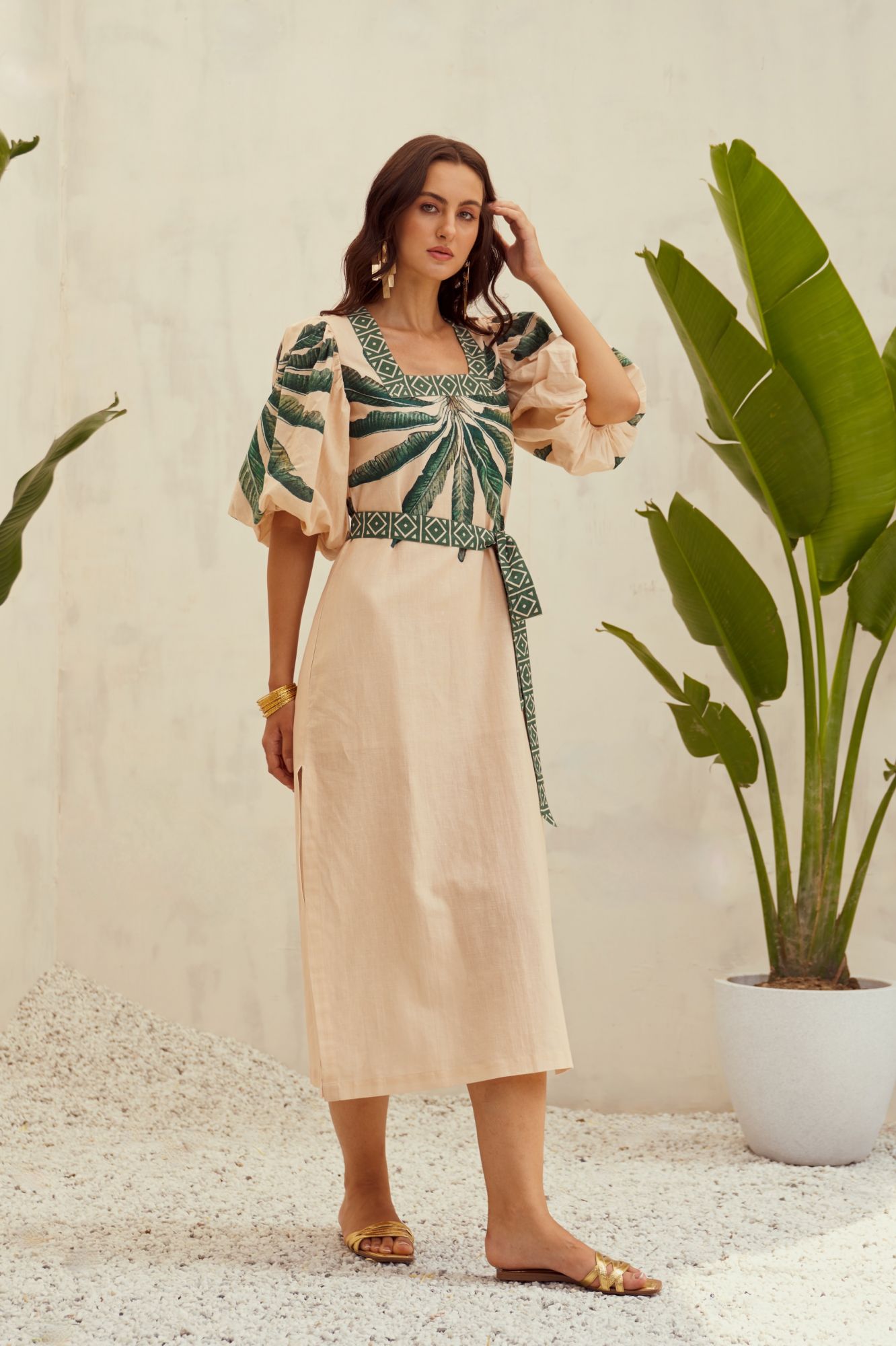 MALIBU-02 ECRU COLOR COTTON LINEN FABRIC PLACEMENT PRINT MIDI LENGTH SLIT DRESS WITH SASH