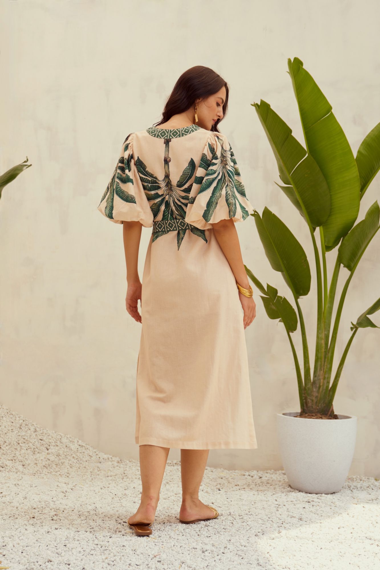 MALIBU-02 ECRU COLOR COTTON LINEN FABRIC PLACEMENT PRINT MIDI LENGTH SLIT DRESS WITH SASH