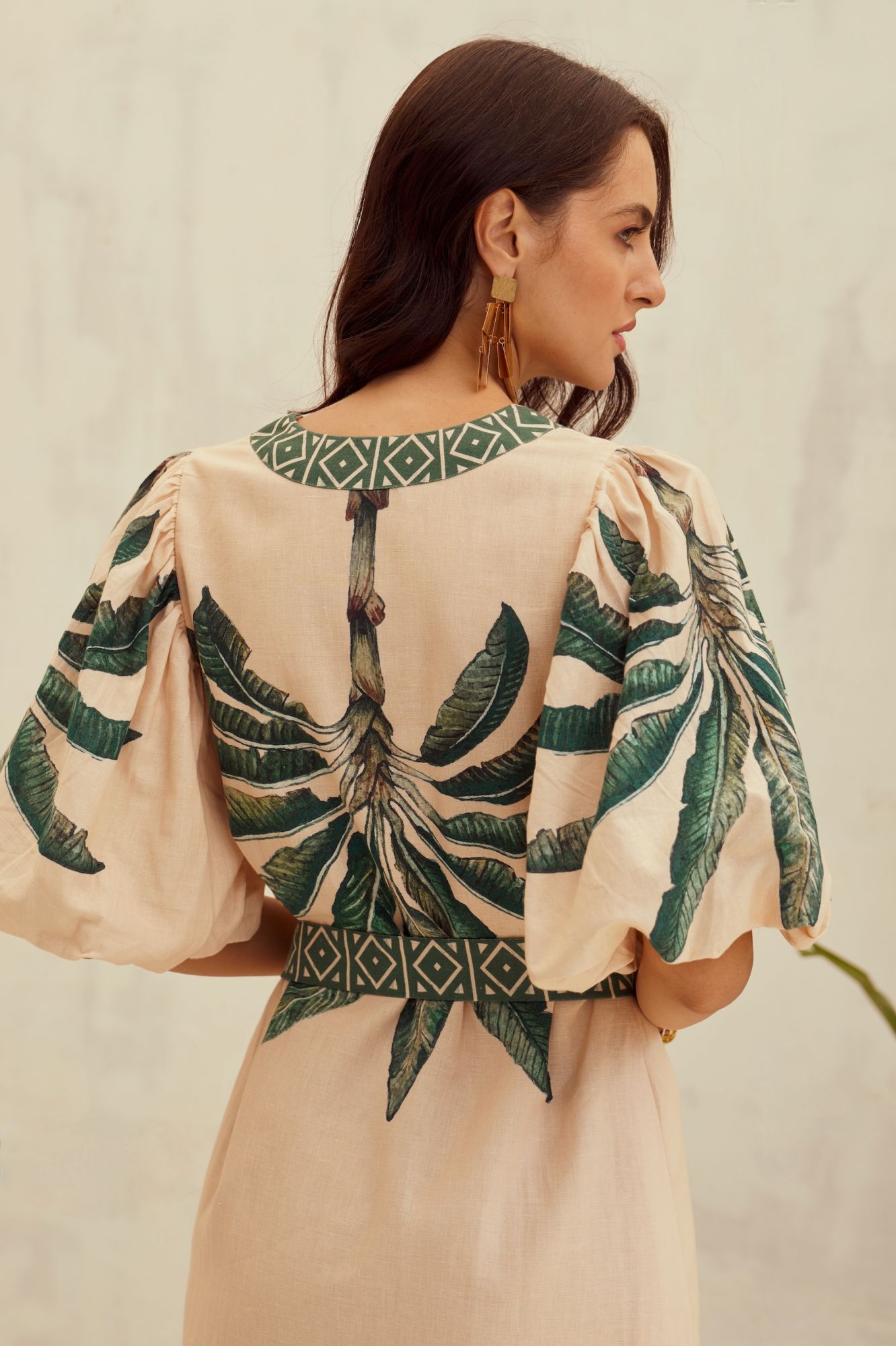 MALIBU-02 ECRU COLOR COTTON LINEN FABRIC PLACEMENT PRINT MIDI LENGTH SLIT DRESS WITH SASH