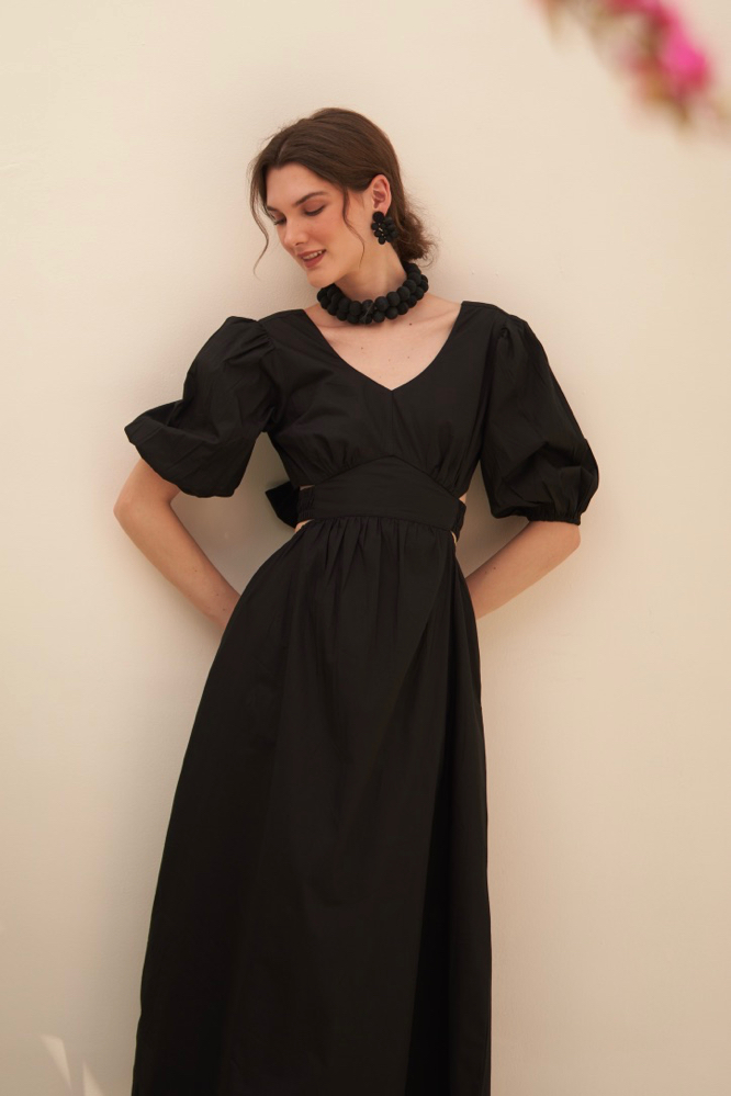 MALIBU COTTON POPLIN BLACK COLOR MIDI LENGTH SUMMER DRESS WITH ELBOW LENGTH SLEEVES BACK WAIST CUT