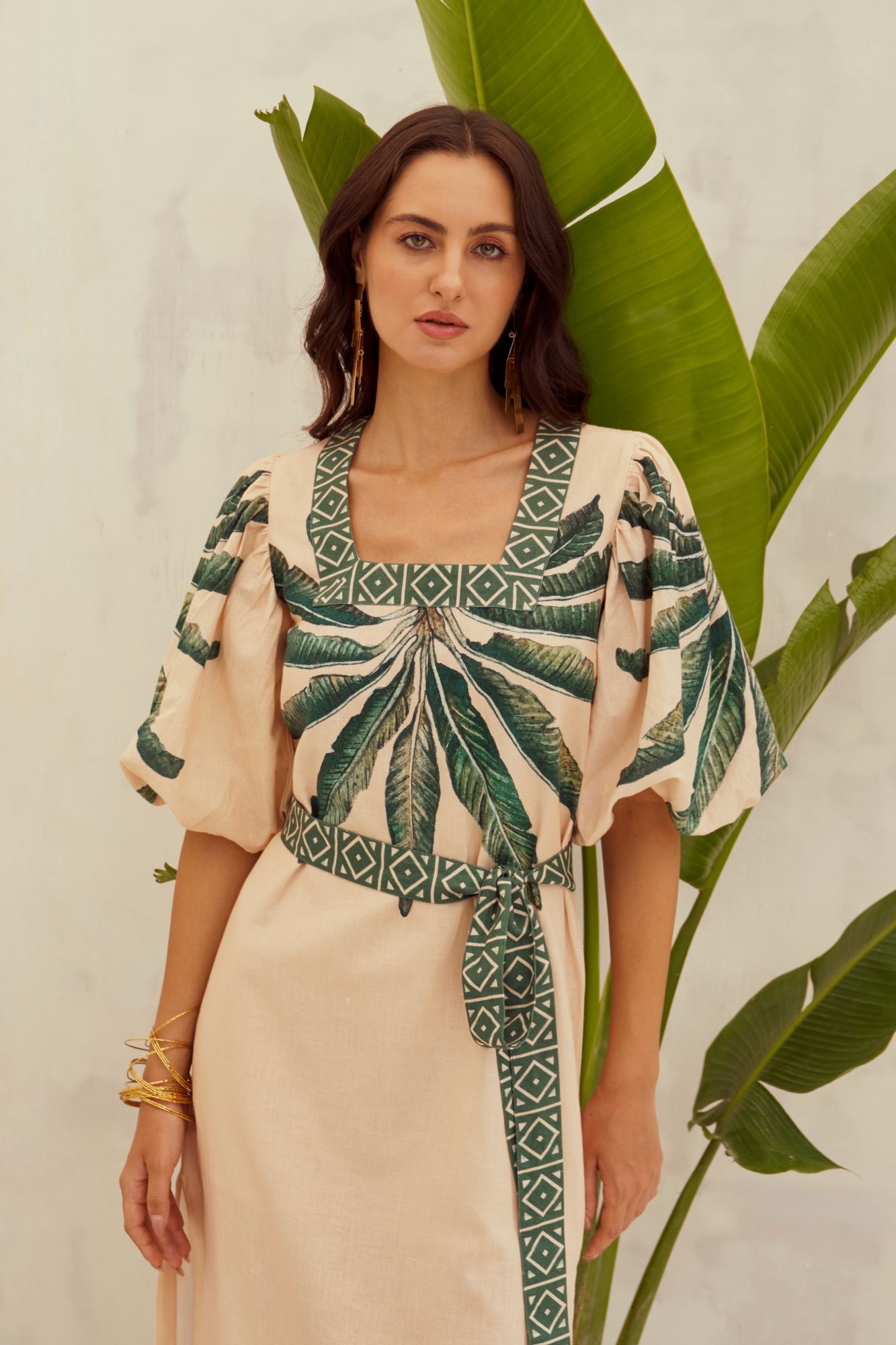 MALIBU-02 ECRU COLOR COTTON LINEN FABRIC PLACEMENT PRINT MIDI LENGTH SLIT DRESS WITH SASH