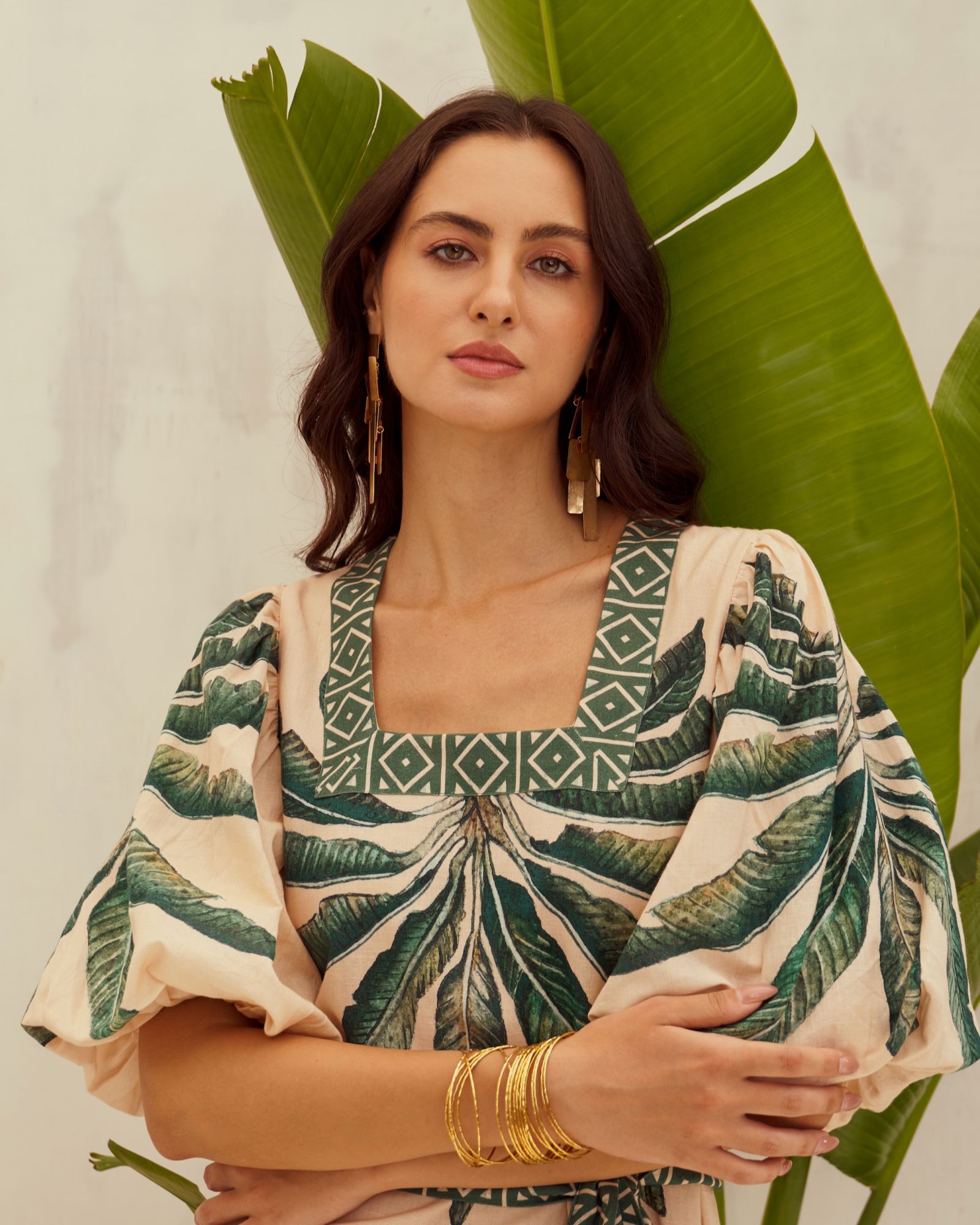 MALIBU-02 ECRU COLOR COTTON LINEN FABRIC PLACEMENT PRINT MIDI LENGTH SLIT DRESS WITH SASH