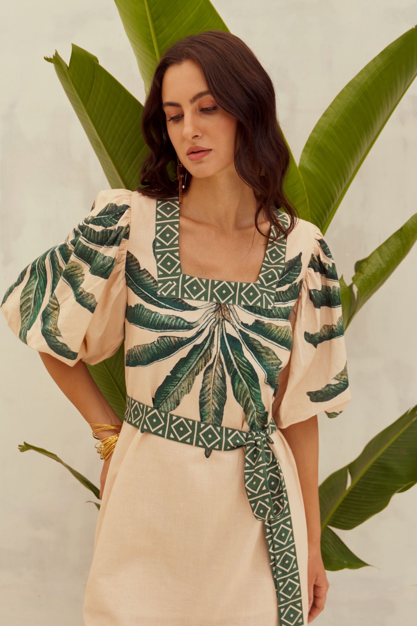 MALIBU-02 ECRU COLOR COTTON LINEN FABRIC PLACEMENT PRINT MIDI LENGTH SLIT DRESS WITH SASH