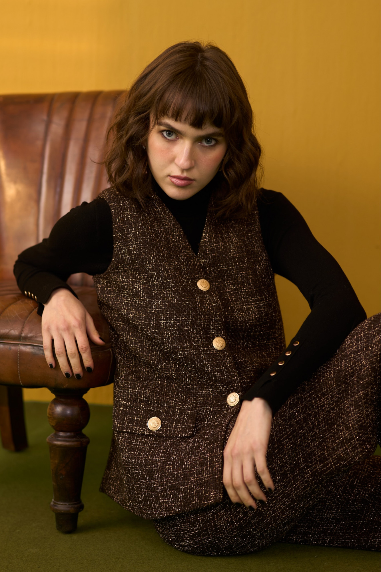 SYLVIE COCOA BROWN TWEED SLEEVELESS JACKET AND PANTS CO-ORD SET