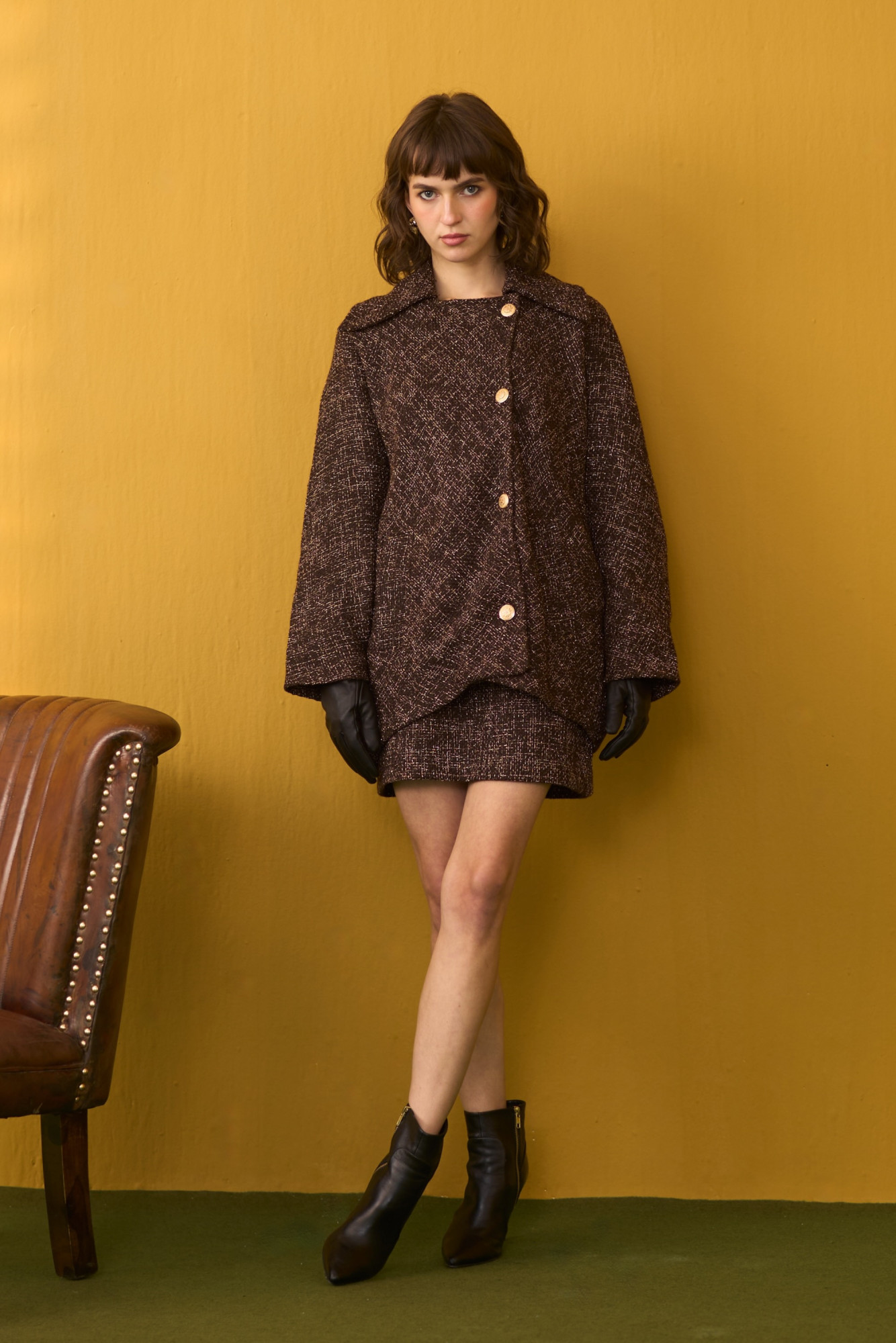 SYLVIE COCOA BROWN OVERSIZED JACKET AND SHORT SKIRT CO-ORD SET