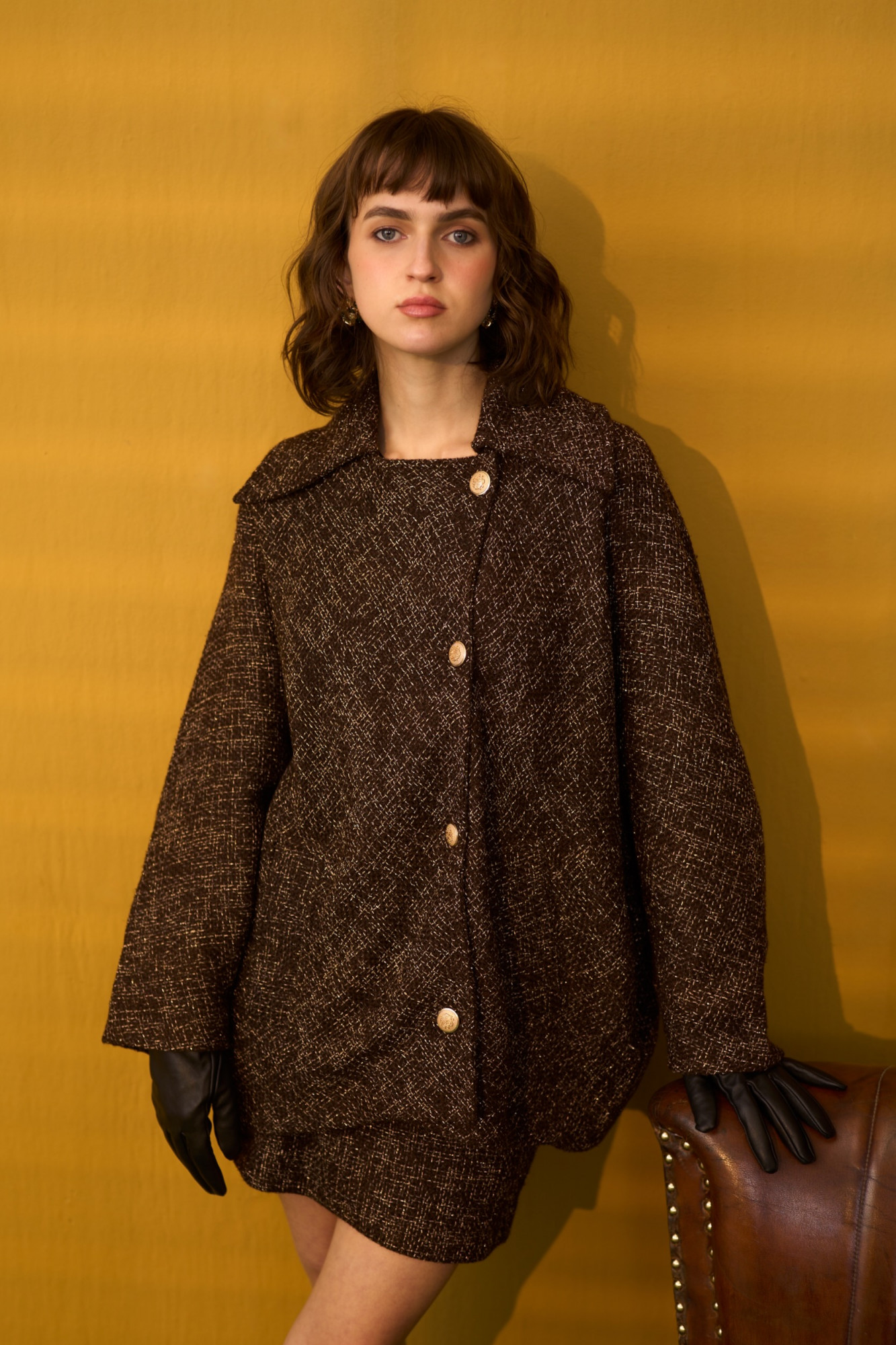 SYLVIE COCOA BROWN OVERSIZED JACKET AND SHORT SKIRT CO-ORD SET