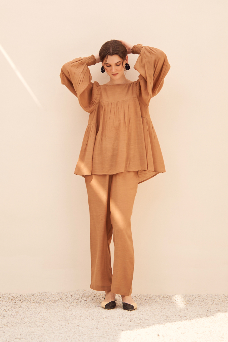 MALIBU TEXTURED RAYON CREPE SOLID BROWN FLARED TOP AND STRAIGHT PANTS FLOWY SUMMER CO-ORDINATE