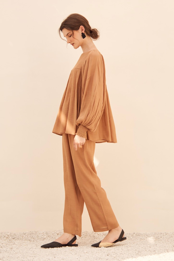 MALIBU TEXTURED RAYON CREPE SOLID BROWN FLARED TOP AND STRAIGHT PANTS FLOWY SUMMER CO-ORDINATE