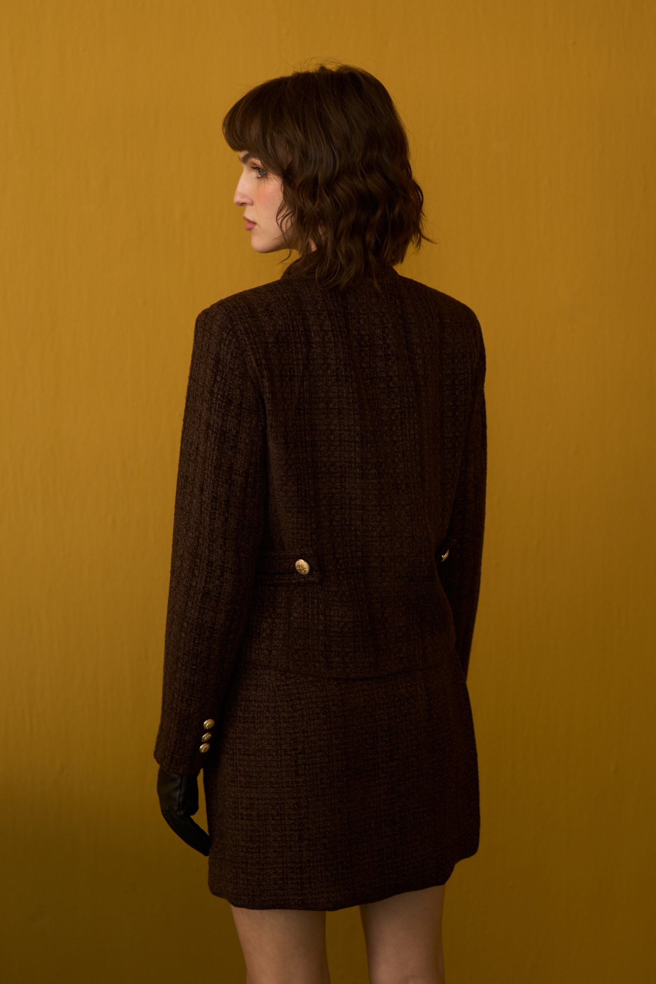 SYLVIE SOLID COCOA BROWN TWEED JACKET AND SKIRT CO-ORD SET