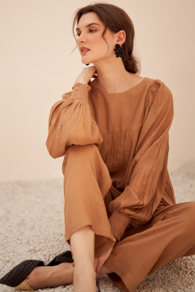 MALIBU TEXTURED RAYON CREPE SOLID BROWN FLARED TOP AND STRAIGHT PANTS FLOWY SUMMER CO-ORDINATE