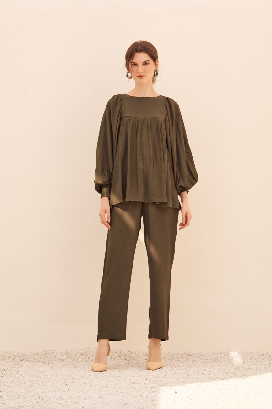 MALIBU TEXTURED RAYON CREPE DARK OLIVE FLARED TOP AND STRAIGHT PANTS FLOWY SUMMER CO-ORDINATE