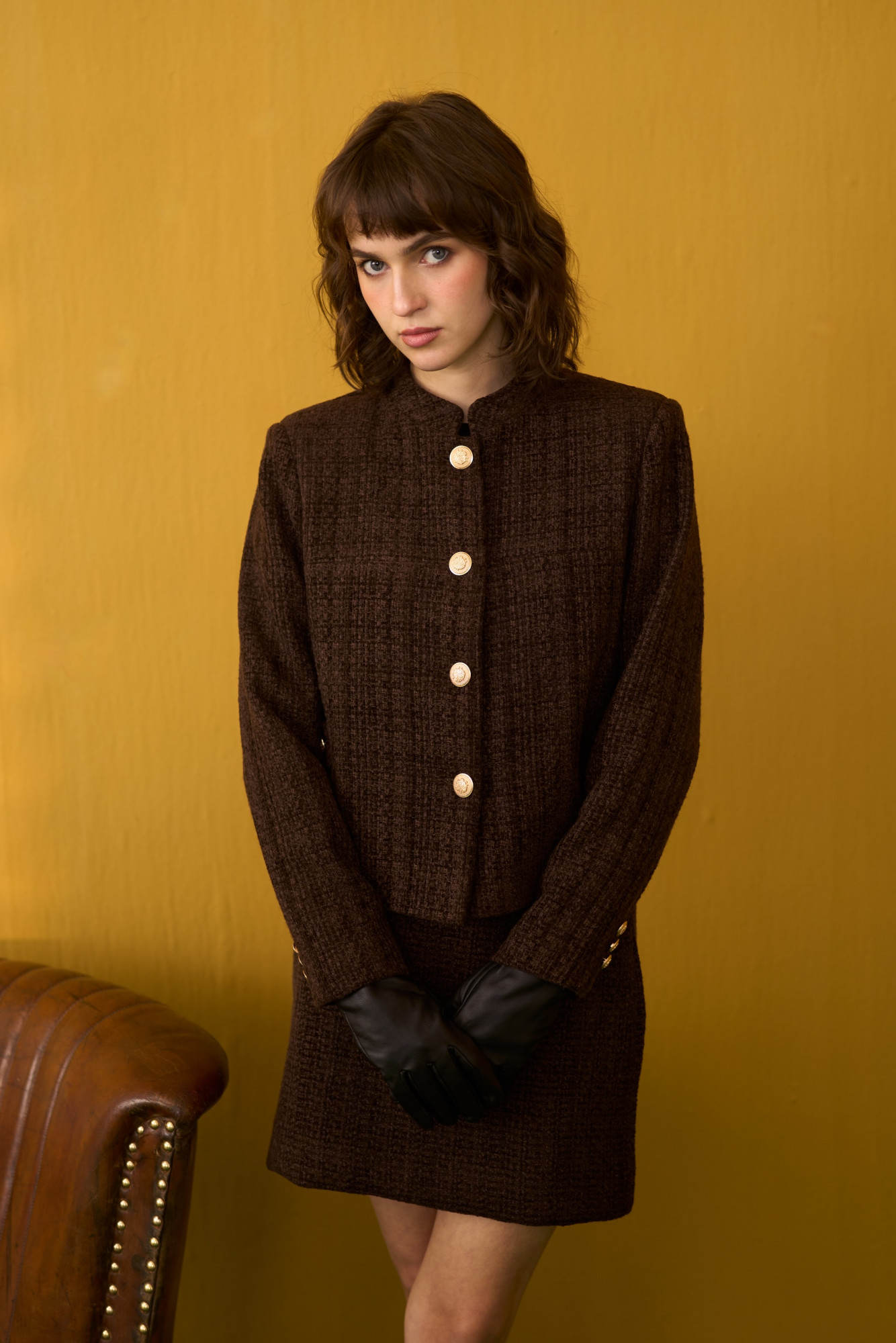 SYLVIE SOLID COCOA BROWN TWEED JACKET AND SKIRT CO-ORD SET