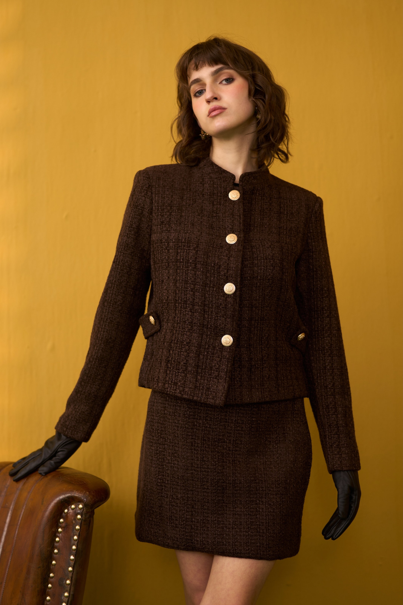 SYLVIE SOLID COCOA BROWN TWEED JACKET AND SKIRT CO-ORD SET