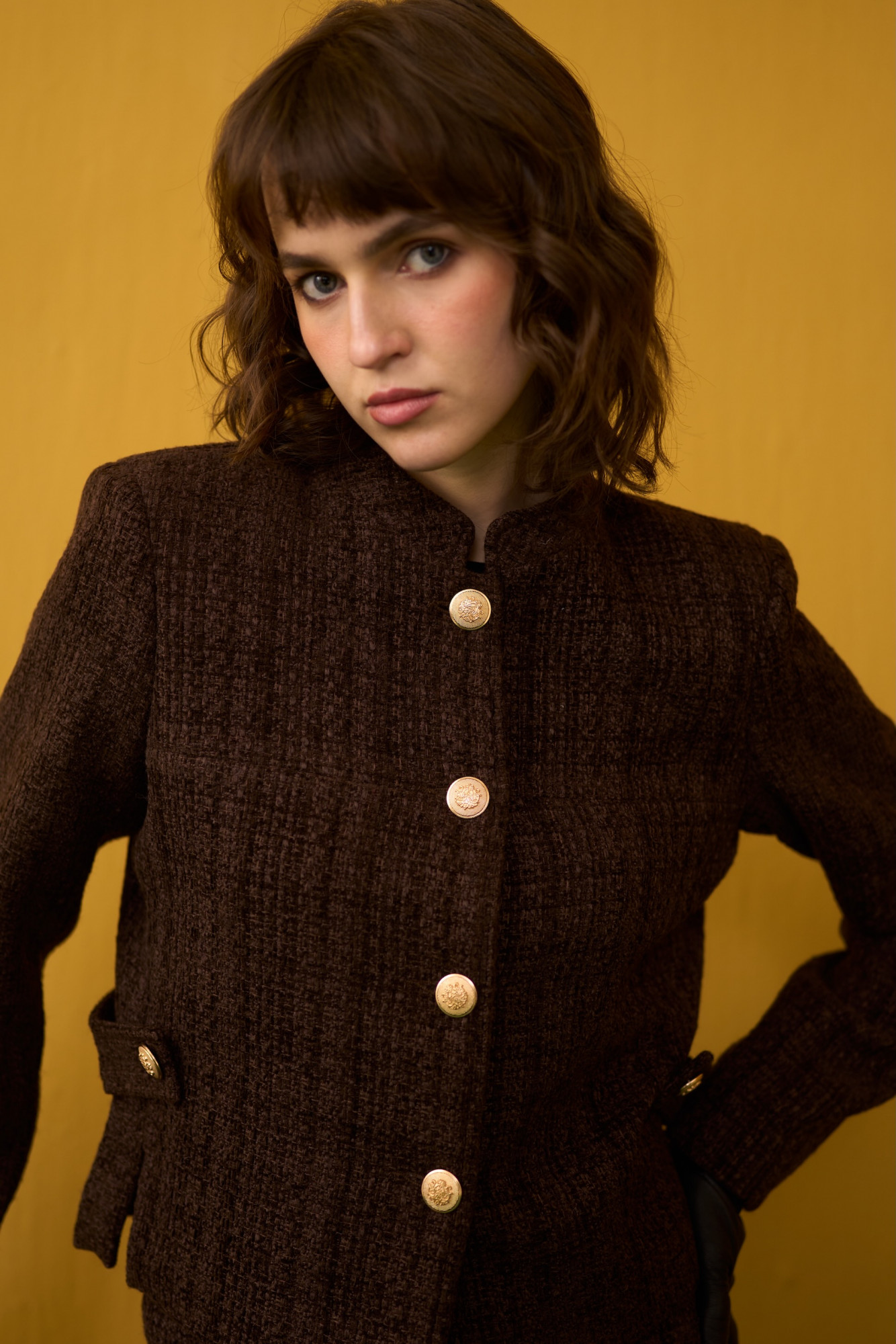SYLVIE SOLID COCOA BROWN TWEED JACKET AND SKIRT CO-ORD SET