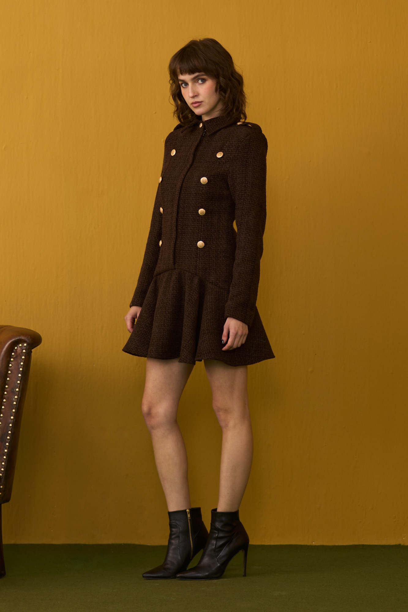 SYLVIE SOLID COCOA BROWN TWEED WINTER POWER DRESS