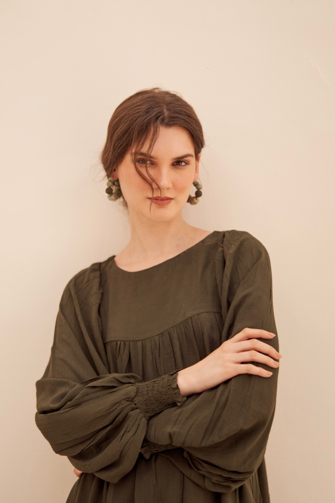 MALIBU TEXTURED RAYON CREPE DARK OLIVE FLARED TOP AND STRAIGHT PANTS FLOWY SUMMER CO-ORDINATE