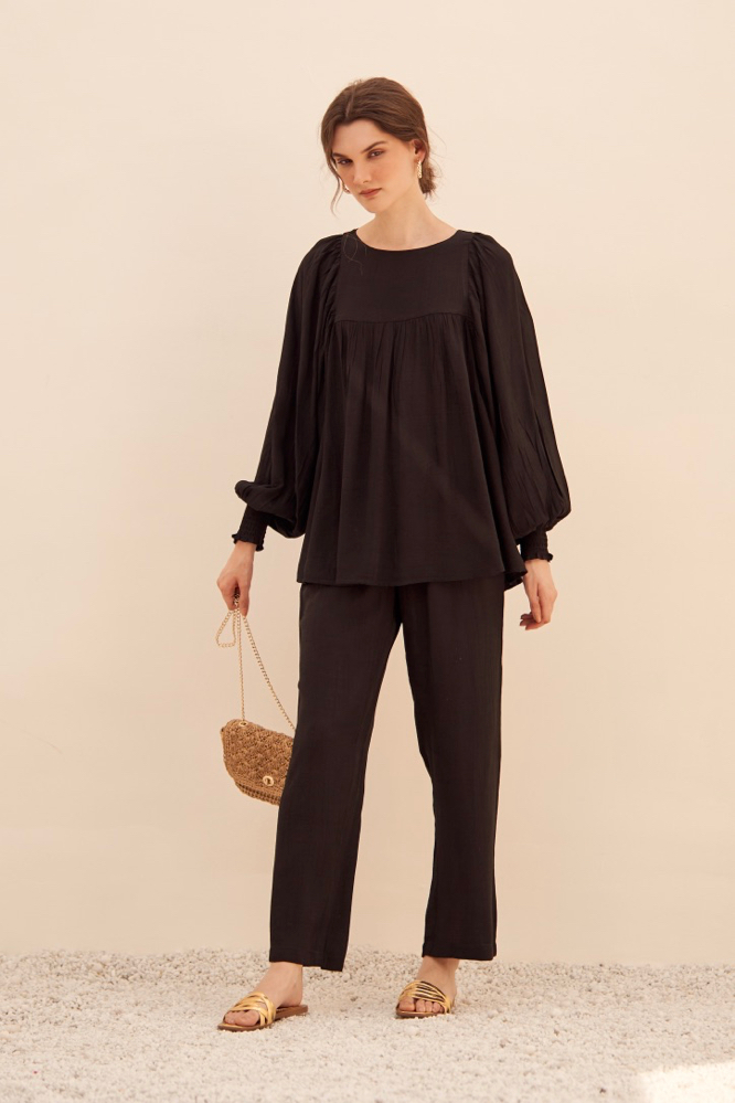 MALIBU TEXTURED RAYON CREPE SOLID BLACK FLARED TOP AND STRAIGHT PANTS FLOWY SUMMER CO-ORDINATE