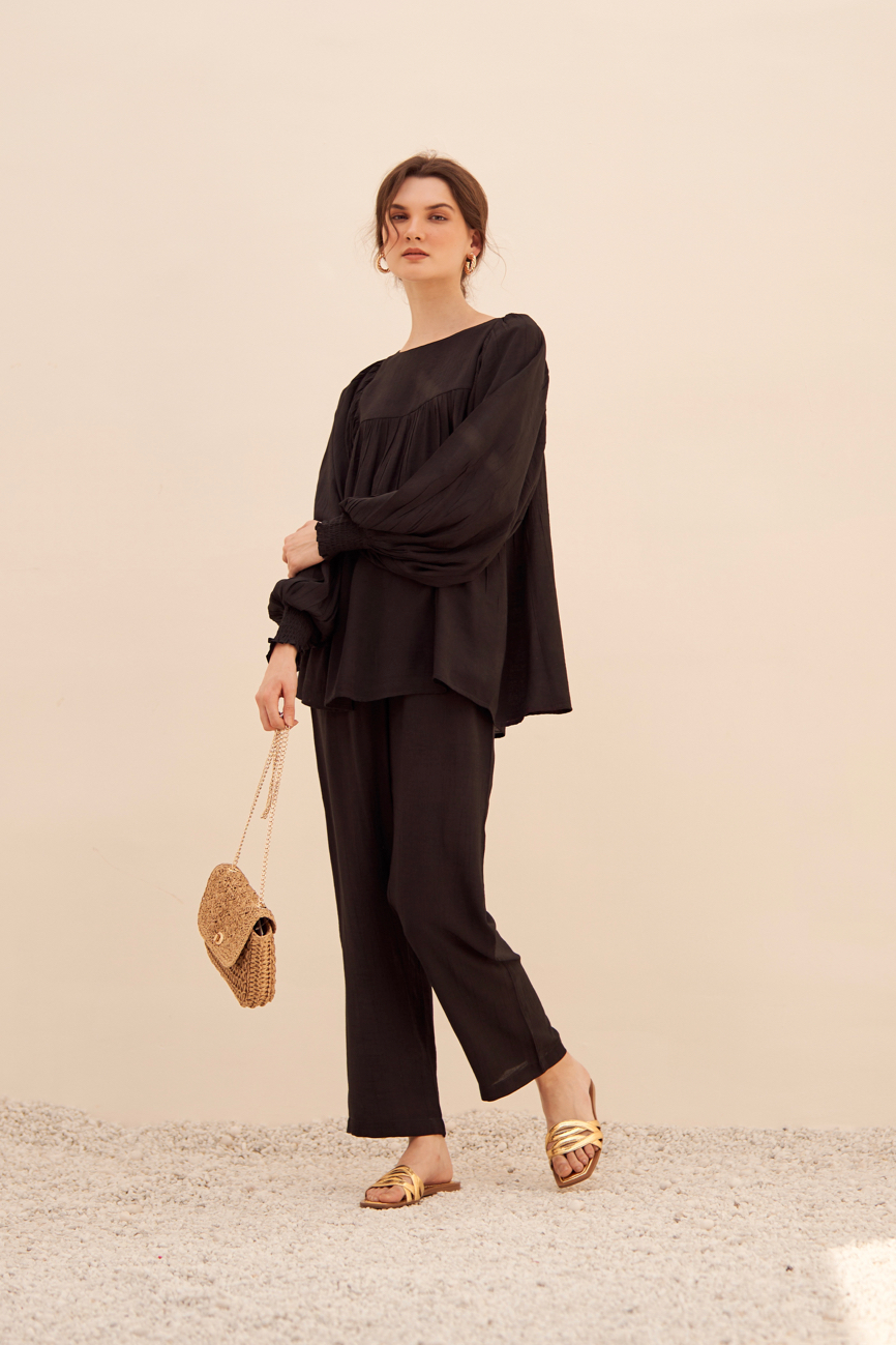 MALIBU TEXTURED RAYON CREPE SOLID BLACK FLARED TOP AND STRAIGHT PANTS FLOWY SUMMER CO-ORDINATE