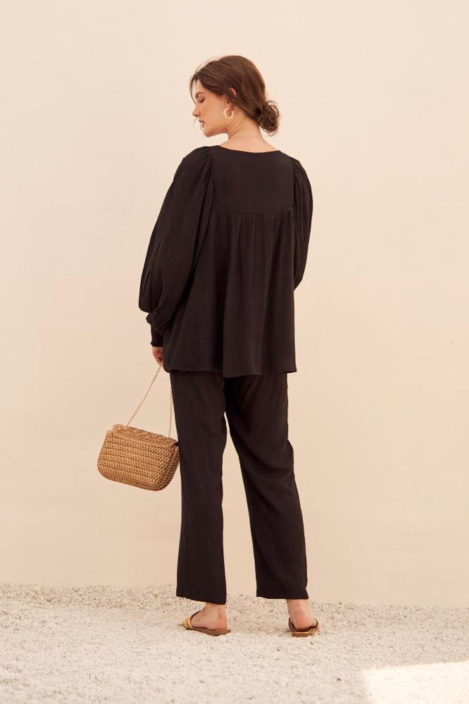 MALIBU TEXTURED RAYON CREPE SOLID BLACK FLARED TOP AND STRAIGHT PANTS FLOWY SUMMER CO-ORDINATE