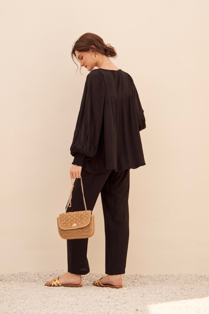 MALIBU TEXTURED RAYON CREPE SOLID BLACK FLARED TOP AND STRAIGHT PANTS FLOWY SUMMER CO-ORDINATE