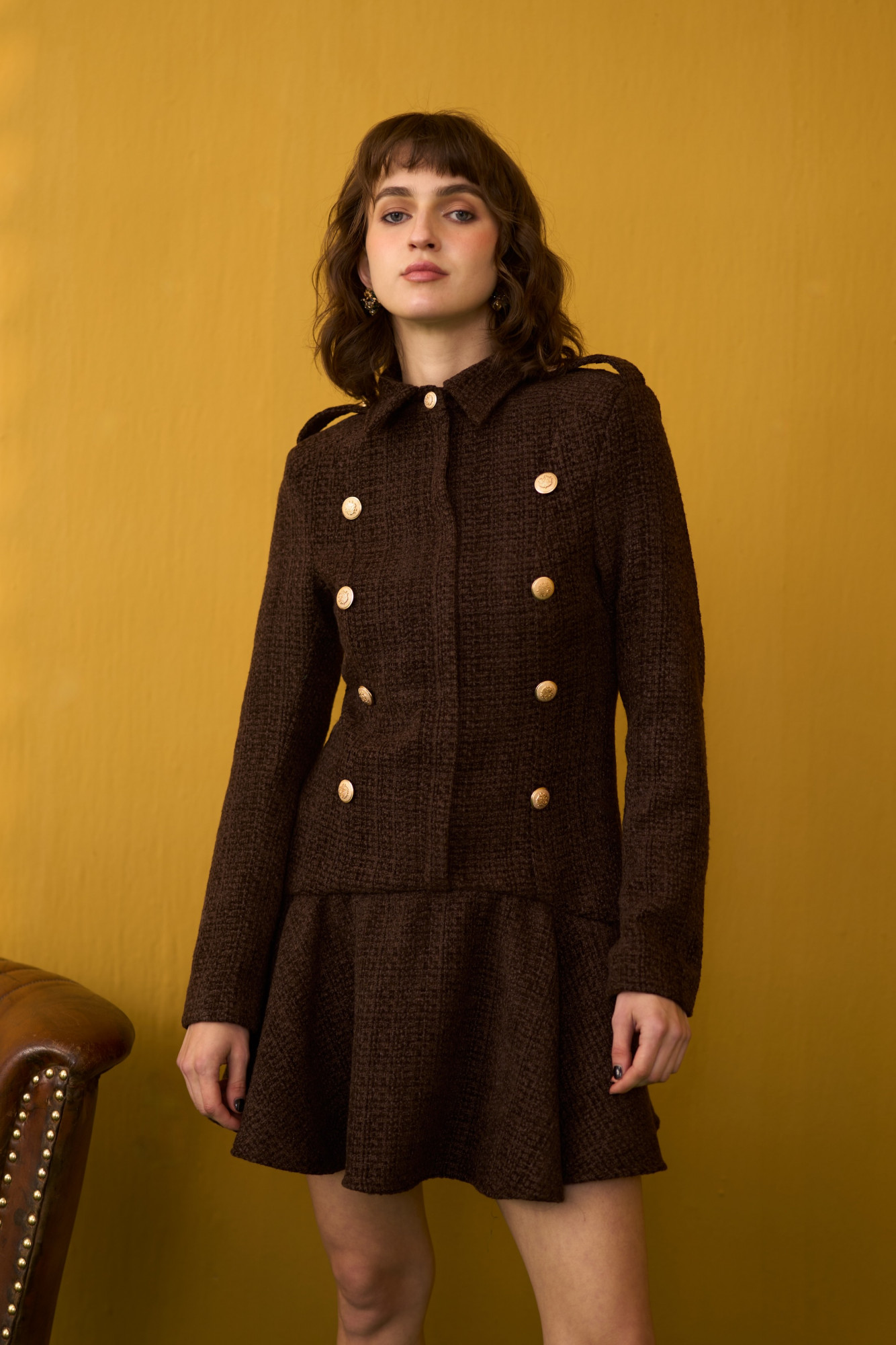 SYLVIE SOLID COCOA BROWN TWEED WINTER POWER DRESS