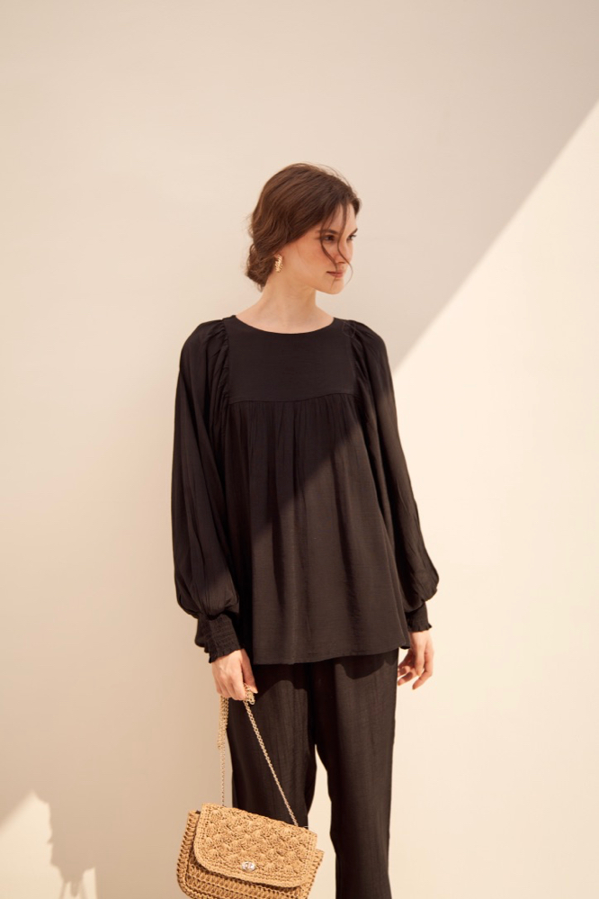MALIBU TEXTURED RAYON CREPE SOLID BLACK FLARED TOP AND STRAIGHT PANTS FLOWY SUMMER CO-ORDINATE