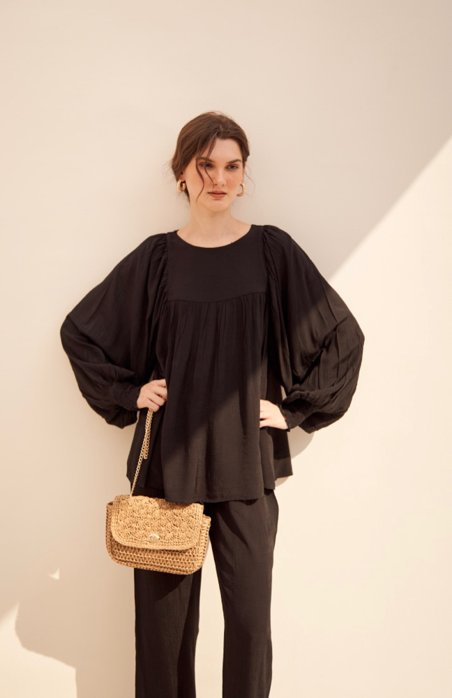 MALIBU TEXTURED RAYON CREPE SOLID BLACK FLARED TOP AND STRAIGHT PANTS FLOWY SUMMER CO-ORDINATE