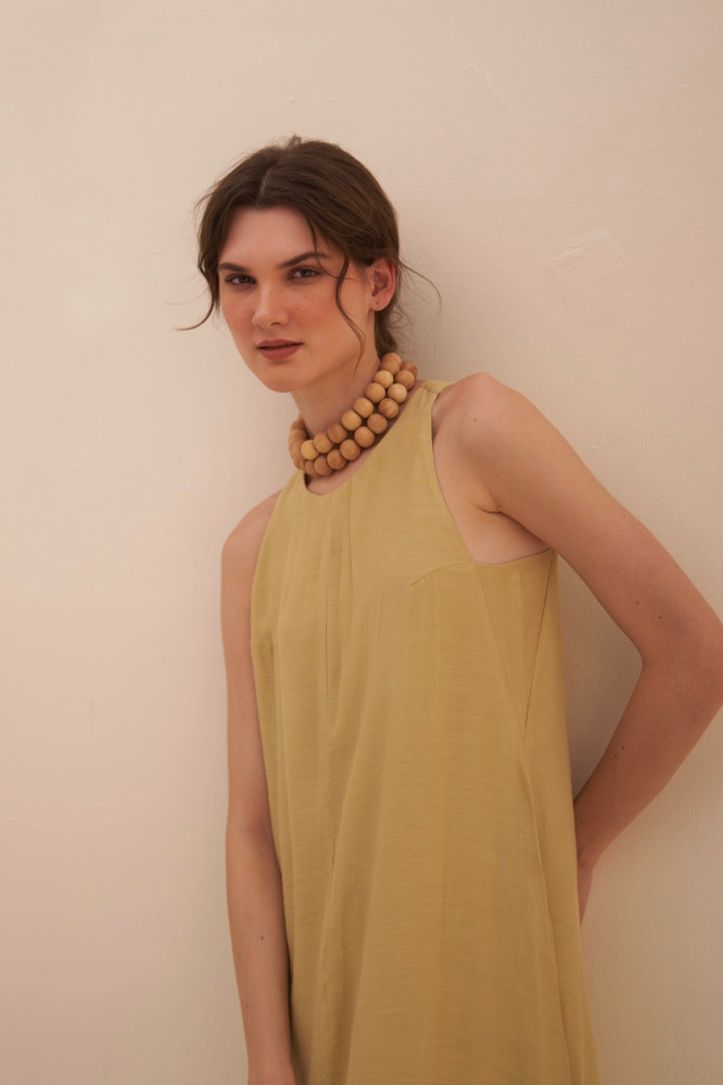 MALIBU MUD YELLOW TEXTURED RAYON CREPE SLEEVELESS LONG TUNIC AND STRAIGHT PANTS SUMMER CO-ORDINATE