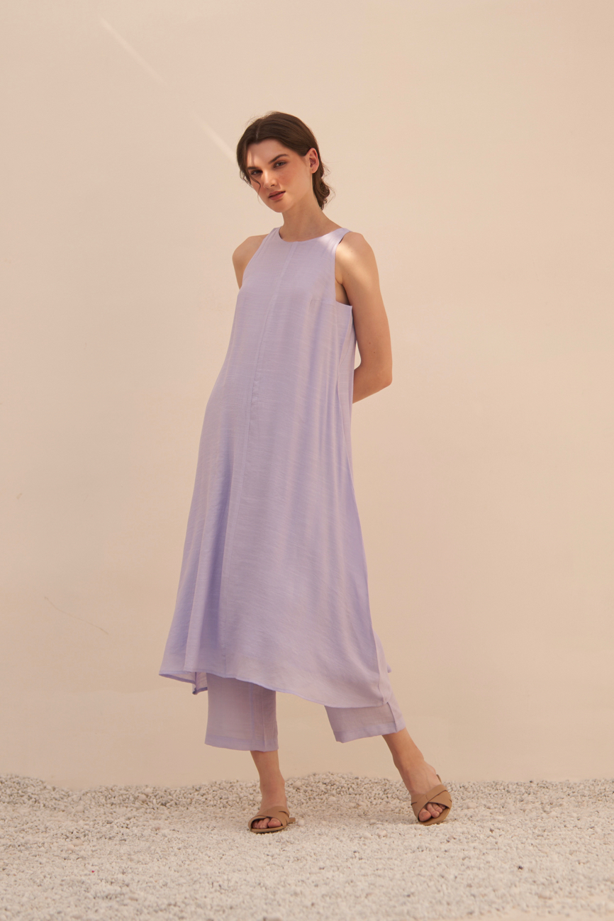 MALIBU MAUVE COLOR TEXTURED RAYON CREPE SLEEVELESS LONG TUNIC WITH ELASTICATED PANTS CO-ORDINATE