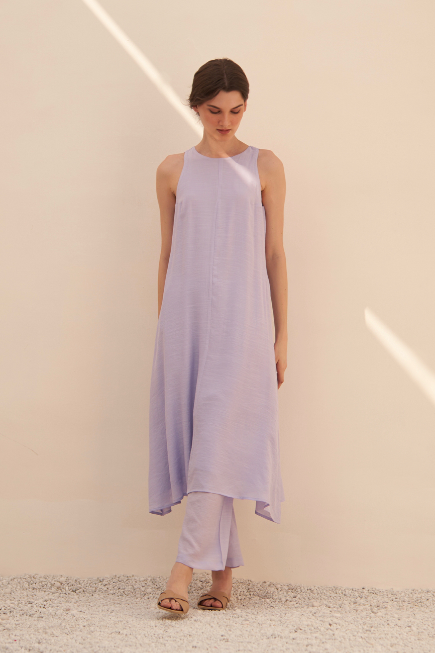 MALIBU MAUVE COLOR TEXTURED RAYON CREPE SLEEVELESS LONG TUNIC WITH ELASTICATED PANTS CO-ORDINATE