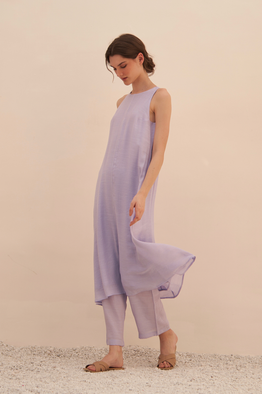 MALIBU MAUVE COLOR TEXTURED RAYON CREPE SLEEVELESS LONG TUNIC WITH ELASTICATED PANTS CO-ORDINATE