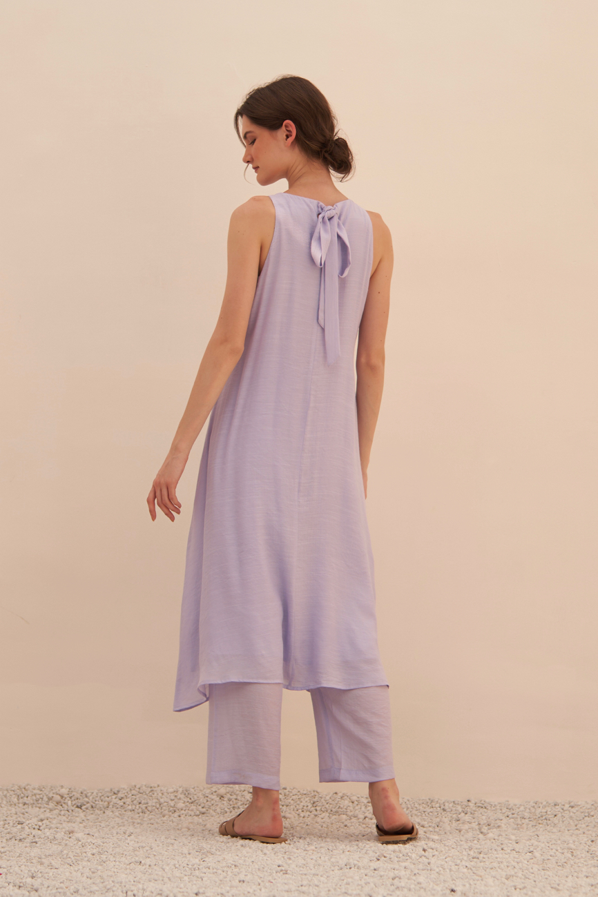 MALIBU MAUVE COLOR TEXTURED RAYON CREPE SLEEVELESS LONG TUNIC WITH ELASTICATED PANTS CO-ORDINATE