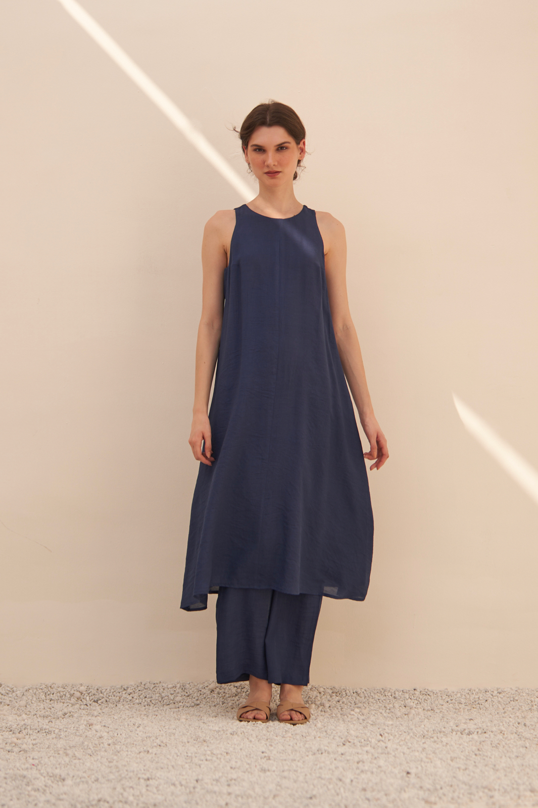 MALIBU SOLID NAVY BLUE TEXTURED RAYON CREPE SLEEVELESS LONG LENGTH TUNIC AND PANTS CO-ORDINATE